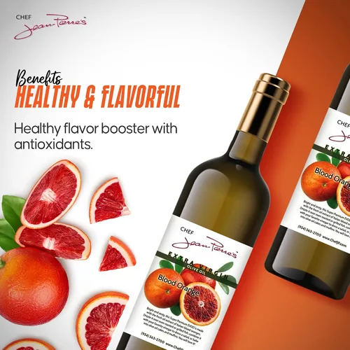 Vista 3 de Chef Jean Pierre's Aceite de oliva de naranja sangre extra virgen – Botella de vidrio de 12.5 onzas – Infundido naturalmente con sabores dulces