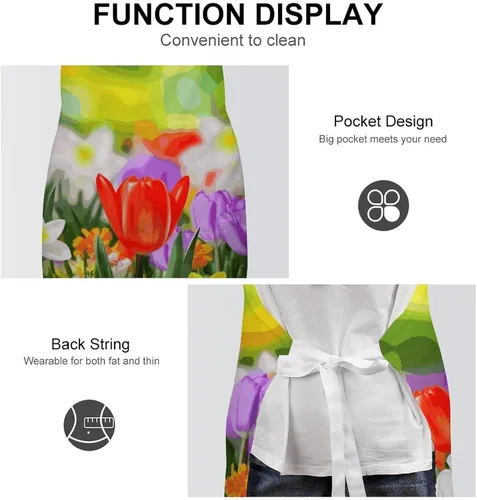 Vista 6 de MUSM Spring Flowers Apron，Classic Vintage Funny with Pockets Aprons,Adjustable Bib Waterdrop Resistant for Kitchen Cooking Restaurant BBQ Painting