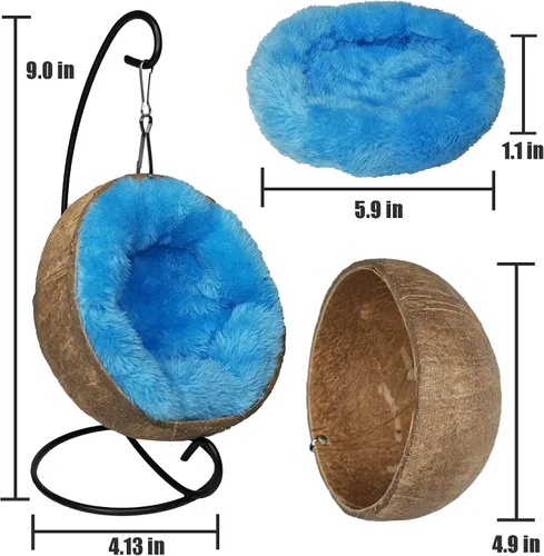 Vista 6 de Fhiny Hamaca escondida de hámster de coco, casa de cama de cáscara de coco cruda natural con almohadilla cálida, decoración de hábitat de animales