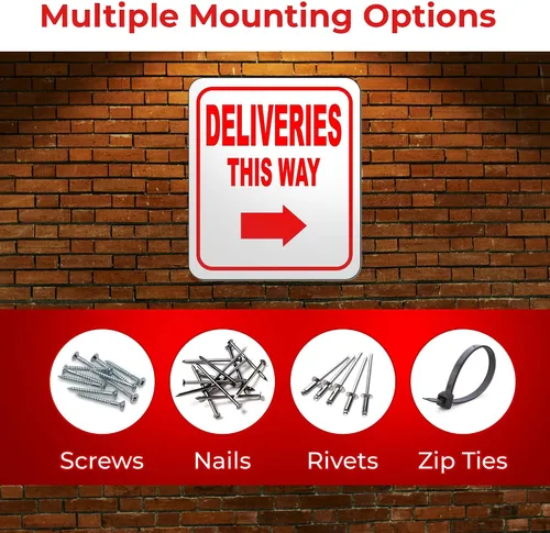 Vista 4 de Deliveries This Way con flecha derecha, letrero compuesto de aluminio, instrucciones de entrega para mis paquetes de Amazon, FedEx, USPS, UPS