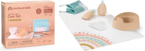 Vista 8 de Miniland Set de belleza de madera para muñecas, juego de accesorios de calidad con 6 piezas de madera y 1 funda de transporte para almacenamiento