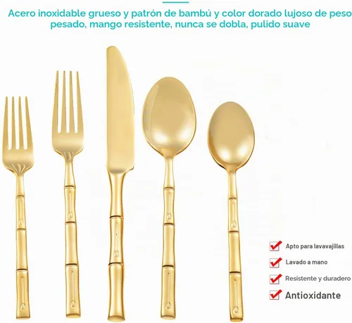 Vista 6 de Juego de cubiertos dorados con patrón de bambú pulido espejo de 20 piezas, juego de cubiertos de inauguración de la casa, servicio de regalo de boda