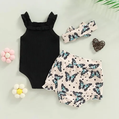 Vista 160 de TheFound Trajes de verano para niñas pequeñas, sin mangas, de punto acanalado, halter, pantalones cortos, ropa para recién nacidos, conjunto de 3
