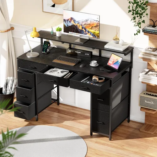 Vista 2 de HLDIRECT Escritorio de computadora de 47 pulgadas con 8 cajones de almacenamiento, escritorio para juegos con luces LED y tomas de corriente USB