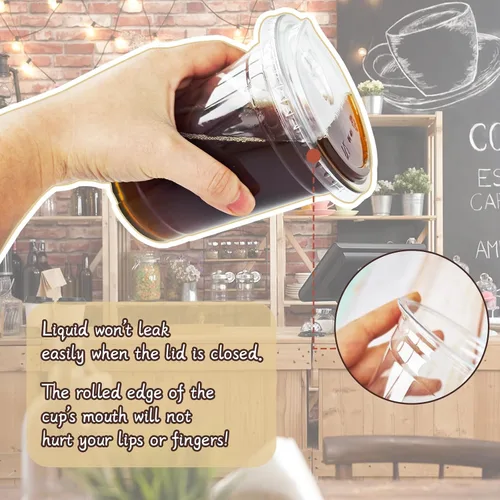 Vista 5 de Qinsihwn 16 oz Vasos de plástico transparentes con tapas sin paja, 25 juegos de vasos de plástico con tapas para beber, vasos desechables para café