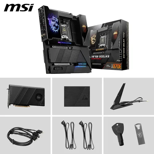 Vista 7 de MSI MEG X870E GODLIKE, E-ATX - Compatible con procesadores AMD Ryzen 9000/8000/7000, AM5 - Dynamic Dashboard III, EZ Slide M.2, 110A SPS, memoria