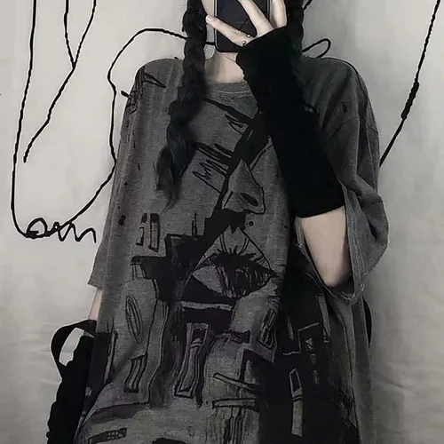 Vista 5 de LREUIP Camiseta estampada gótica de gran tamaño Harajuku Street Trend Hombres y Mujeres Personalidad Suelta Estampado Punk Manga Corta