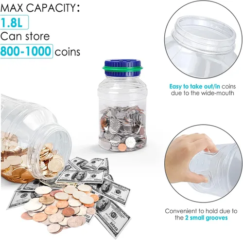 Vista 4 de Alcancía Grande para Adultos y Niños, Vcertcpl Banco Digital Contador de Monedas con Capacidad de 1.8L, Excelente Alcancía Frasco de Dinero