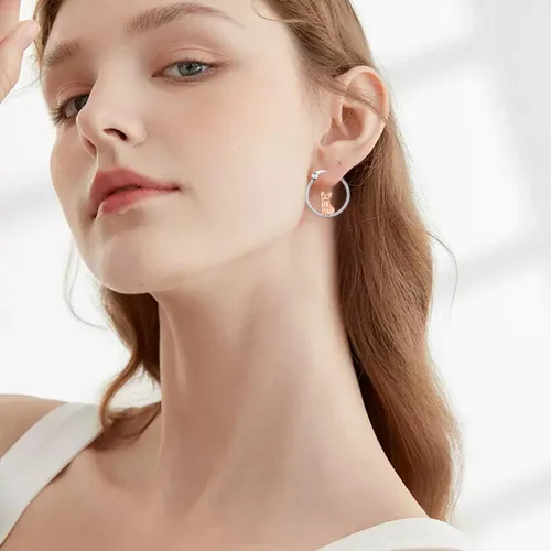 Vista 6 de Aretes de bulldog francés de plata de ley, aretes de aro de bulldog francés con lindos animales, regalos de joyería para mujeres y niñas amantes