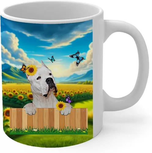 Vista 2 de Taza de café argentina Dogo de pie con diseño de valla de granja, taza de té de cerámica blanca de 11 onzas, regalos para propietarios de cachorros