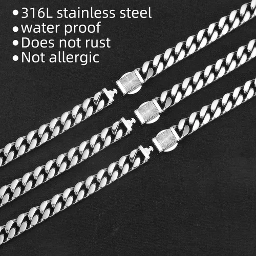 Vista 3 de CaptainSteeL Pulsera de cadena de eslabones cubanos para hombre, acero inoxidable 316L, 90.394 in de ancho, patrón de moda, botón a presión, joyería