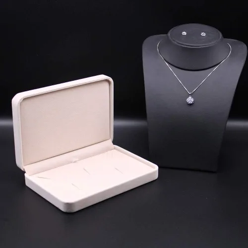 Vista 2 de Conjuntos de joyas de boda Caja de terciopelo Collar Pendiente Anillo expositor Soporte de almacenamiento (Beige)