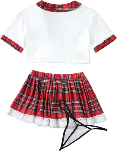 Vista 2 de SweatyRocks Conjunto de lencería para mujer con lazo frontal y falda, rojo (Red Tartan)