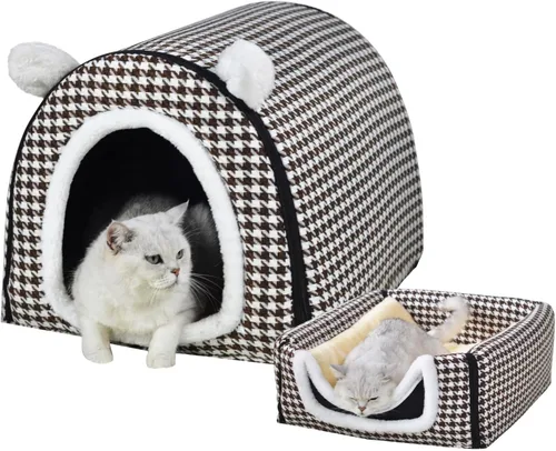 Vista 22 de Cama para gato o cama para perro, 2 formas de uso, casa de mascotas para interior con alfombra esponjosa, cubierta extraíble y lavable, fondo Grúas