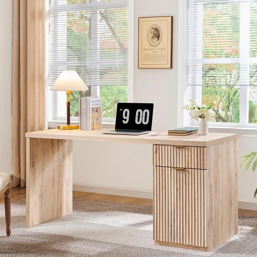 Vista 13 de JXQTLINGMU Escritorio ejecutivo moderno de 58 pulgadas con almacenamiento, escritorio de madera para oficina en casa con 5 cajones y 1 gabinete