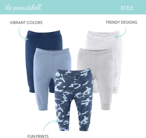 Vista 5 de The Peanutshell Pantalones de bebé para niños, camuflaje azul, paquete de 5