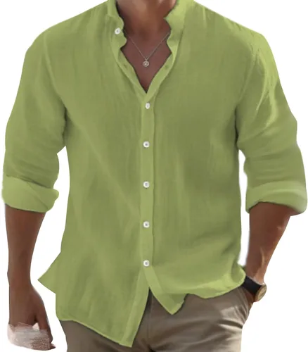 Vista 10 de Camisas de algodón para hombre, de manga larga, con botones, con cuello liso, camisetas casuales para la playa