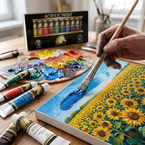 Vista 7 de Juego de pintura acrílica. Pinturas artísticas de calidad para pintar lona, madera, arcilla, tela, uñas, cerámica y artesanías. 12 colores vibrantes