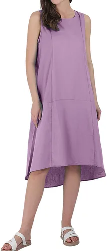 Vista 4 de utcoco Vestido casual de lino y algodón para mujer, cuello redondo, sin mangas, vestido midi para mujer