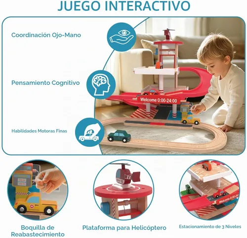 Vista 5 de Juego de juguetes de garaje de madera para niños pequeños de 3 a 5 años