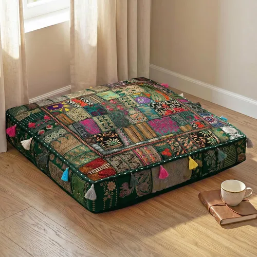 Vista 10 de THE ART BOX Almohadas de Suelo y Fundas de Cojín de Retazos de Algodón Vintage Boho Bordadas, Puf para Perros, Puf de Asiento, Almohada