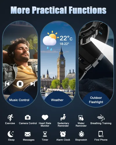 Vista 6 de Relojes inteligentes militares para hombres (contestar/hacer llamadas), reloj de fitness HD de 1.39", monitor de sueño de frecuencia cardíaca 24/7
