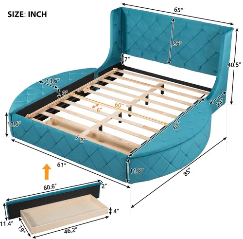 Vista 2 de Harper & Bright Designs Cama de plataforma tapizada tamaño Queen con un cajón grande y 2 taburetes de almacenamiento laterales, marco de cama