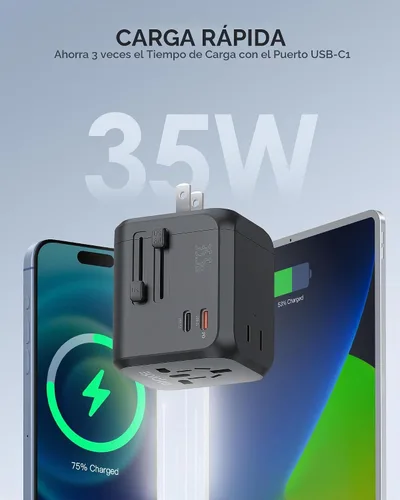 Vista 3 de EPICKA PD 35W Adaptador de viaje universal, 2AC/2USB-C/3USB-A