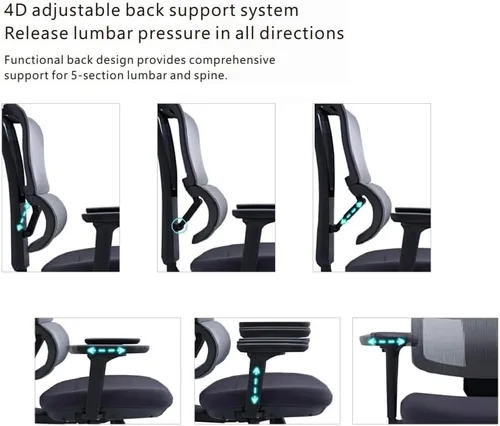 Vista 8 de SUNLINE Elevate - Silla de oficina - Sistema de soporte lumbar ergonómico y ajustable con base de aluminio - Reposacabezas de malla curva 4D