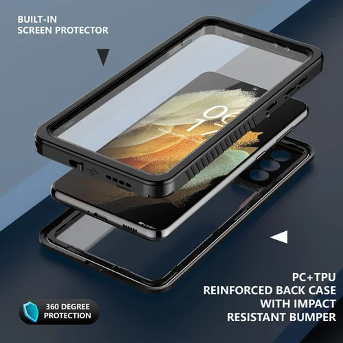 Vista 5 de Oterkin Funda impermeable para Samsung Galaxy S21 con protector de pantalla integrado, a prueba de polvo, a prueba de golpes, 360, carcasa