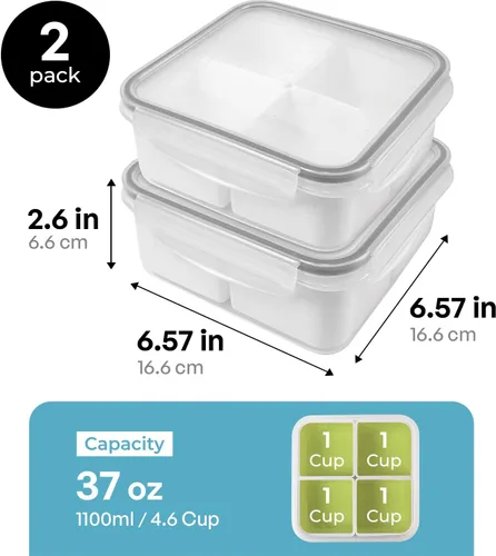 Vista 3 de Recipientes de comida con 4 compartimentos, cuadrados, 4.6 tazas (37.2 fl oz), paquete de 2 Compartimentos extraíbles, tapas herméticas