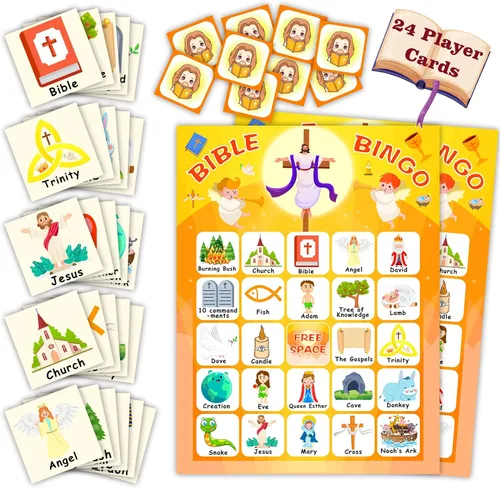 Vista 2 de Juego de bingo para 24 jugadores para niños, juego de bingo bíblico y tarjetas de bingo de Acción de Gracias para actividades familiares, escuela