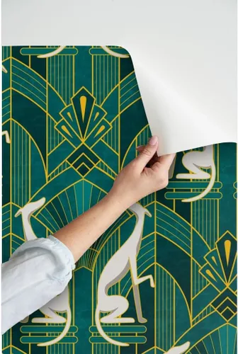 Vista 3 de Papel tapiz para despegar y pegar – Art Deco Greyhounds Teal Gold Grey Dogs Whippet Sighthound - Papel tapiz extraíble personalizado Spoonflower
