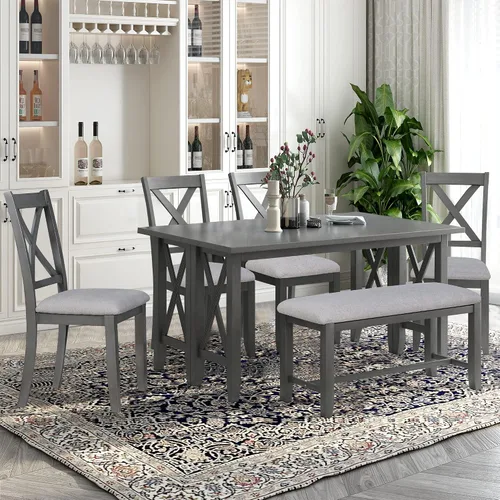 Vista 13 de Juego de mesa de comedor de madera de 6 piezas, juego de mesa de cocina con rectangular, juego de mesa de comedor con banco tapizado y 4 sillas