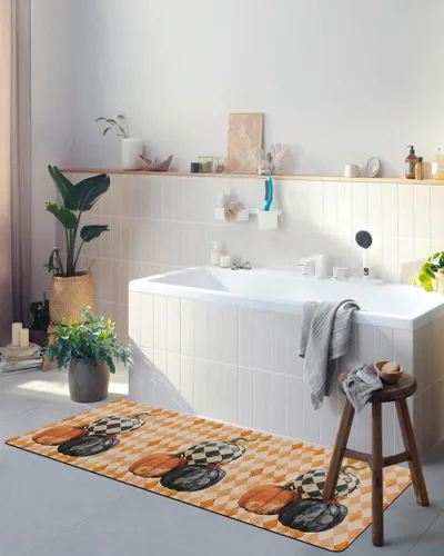 Vista 4 de Tapete de baño con diseño de flores de calabazas, antideslizante, de secado rápido y absorbente, de tierra de diatomeas, para ducha, fregadero