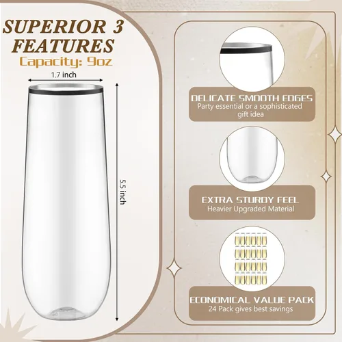 Vista 2 de Norme 24 copas de champán de plástico de 9 onzas, copas de champán de plástico sin tallo, vasos de mimosa inastillables, borde de boda, copas