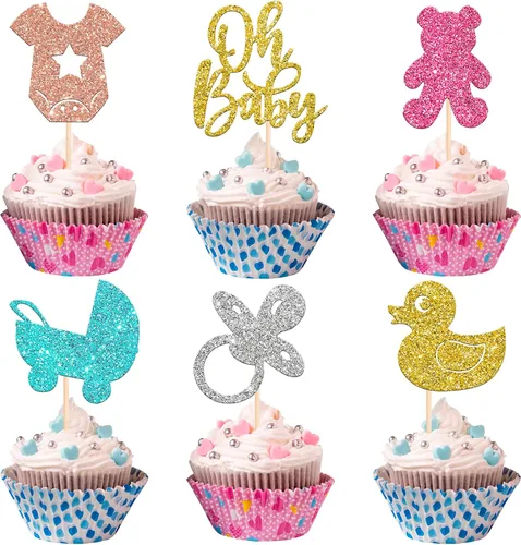 Vista 23 de 24 piezas Oh Baby Cupcake Toppers Glitter Baby Shower Cupcake Picks Reveal Género Decoración de Pasteles para Baby Shower Niños Niñas Fiesta de Azul