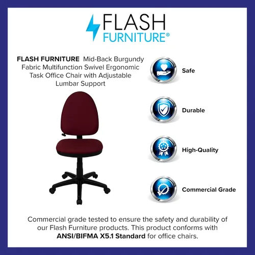 Vista 2 de Flash Furniture Silla de oficina ergonómica giratoria multifunción de tela burdeos con soporte lumbar ajustable Borgoña