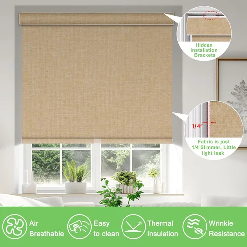 Vista 3 de BERISSA Persianas enrollables opacas para ventanas, persianas enrollables inalámbricas con cenefa de cassette de tela de lino, persianas