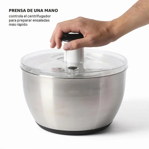 Vista 4 de Calphalon Aero - Molinillo de ensalada de acero inoxidable de 6.3 cuartos de galón, cuenco para lavar frutas y verduras con cesta coladora