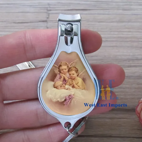 Vista 5 de 12 llaveros de bautismo con cortaúñas y abridor de recuerdos de fiesta para niñas, diseño de bautizo recuerdos/ángel bebé en bolsas decoradas Rosa-1