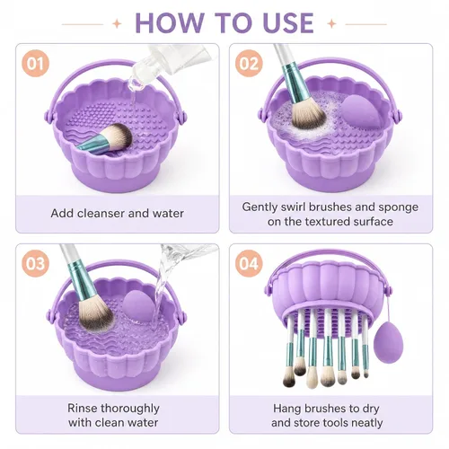 Vista 6 de Pinkiou Makeup Brush Cleaner Mat, 3-in-1 Silicone Cosmetic Brushes Cleaning Bowl with Hanging Drying Mesh & Holder Organizer, Multi-Texture Wash Pad