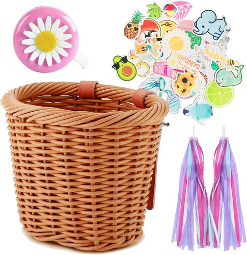 Vista 7 de Cesta de bicicleta para niñas, accesorios de bicicleta delantera, pequeña cesta de mimbre tejida con manillar serpentinas, campana para niños de 16