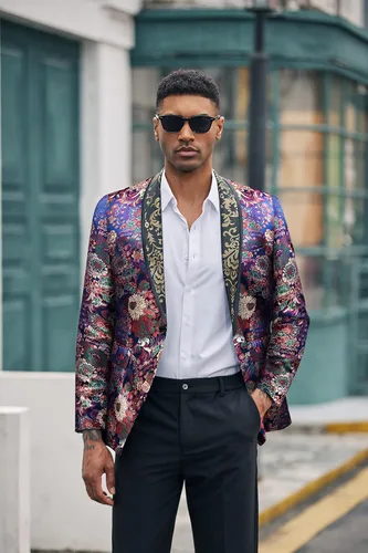 Vista 3 de COOFANDY Chaqueta de traje floral para hombre, chal, solapa, ajuste delgado, elegante, vestido, traje de graduación, fiesta, boda, blazer