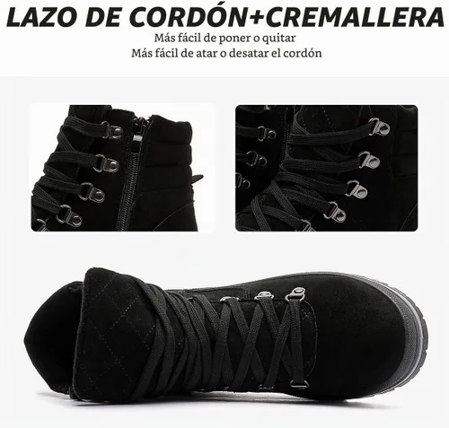 Vista 3 de FRACORA Botas de combate para mujer, con cordones, botas de nieve, botas de invierno con cremallera lateral, botines de moda Negro
