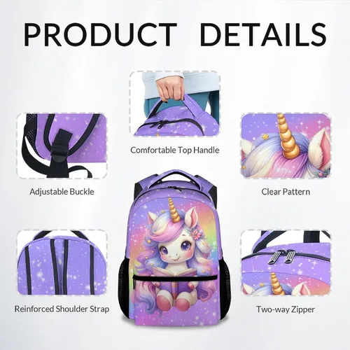 Vista 4 de Mochila para niñas, mochilas de unicornio para niños, bolsa de libros de 17 pulgadas para jardín de infantes primaria, preescolar, bonita mochila
