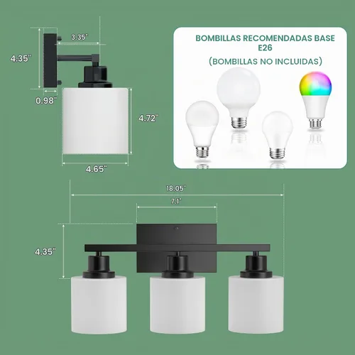 Vista 6 de Luces de baño negras sobre espejo, lámpara de tocador antioxidante para baño, lámpara de pared moderna de 3 luces para sala de estar, base E26