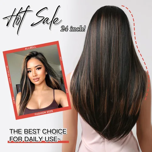 Vista 4 de Allbell Pelucas marrones largas negras para mujeres negras, pelucas de cabello lacio castaño oscuro con reflejos rubios, peluca larga de parte