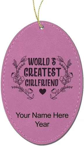 Vista 2 de LaserGram Personalized Christmas Ornament, World's Greatest Girlfriend, Faux Leather, Custom Laser Engraved Gift Idea (Oval Shape, Gray)
