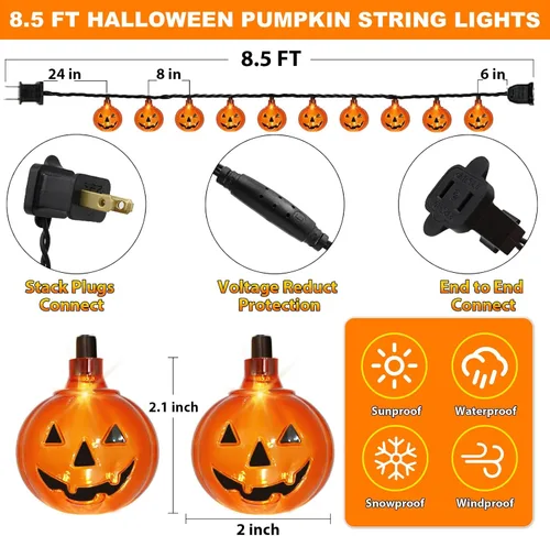 Vista 2 de Couah Guirnalda de luces LED de calabaza de Halloween, luces de linterna Jack O de 8.5 pies con 10 calabazas enchufables, impermeables